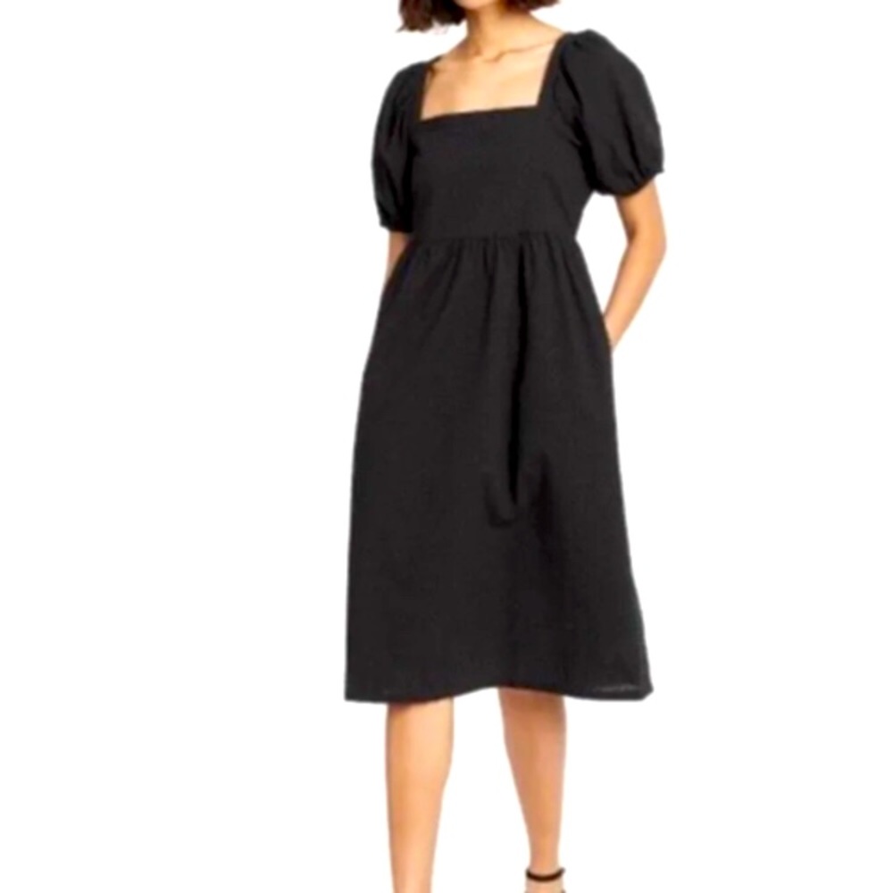 A New Day Puff Sleeve Polka Dot Square Neck Pleated Midi Dress